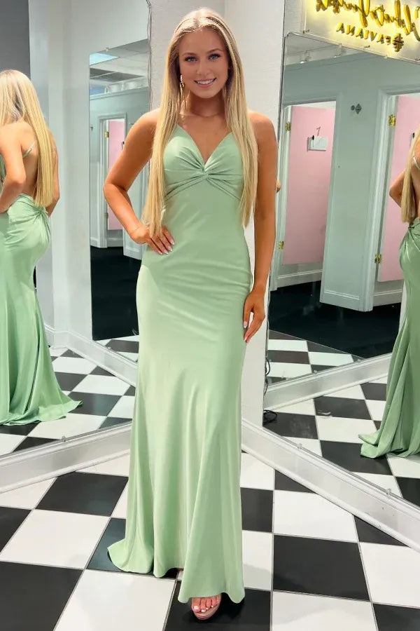 Weitese Dress Simple/Casual Mermaid V Neck Spaghetti Straps Sleeveless Pleated Open Back Prom Party Dress Cocktail Dress